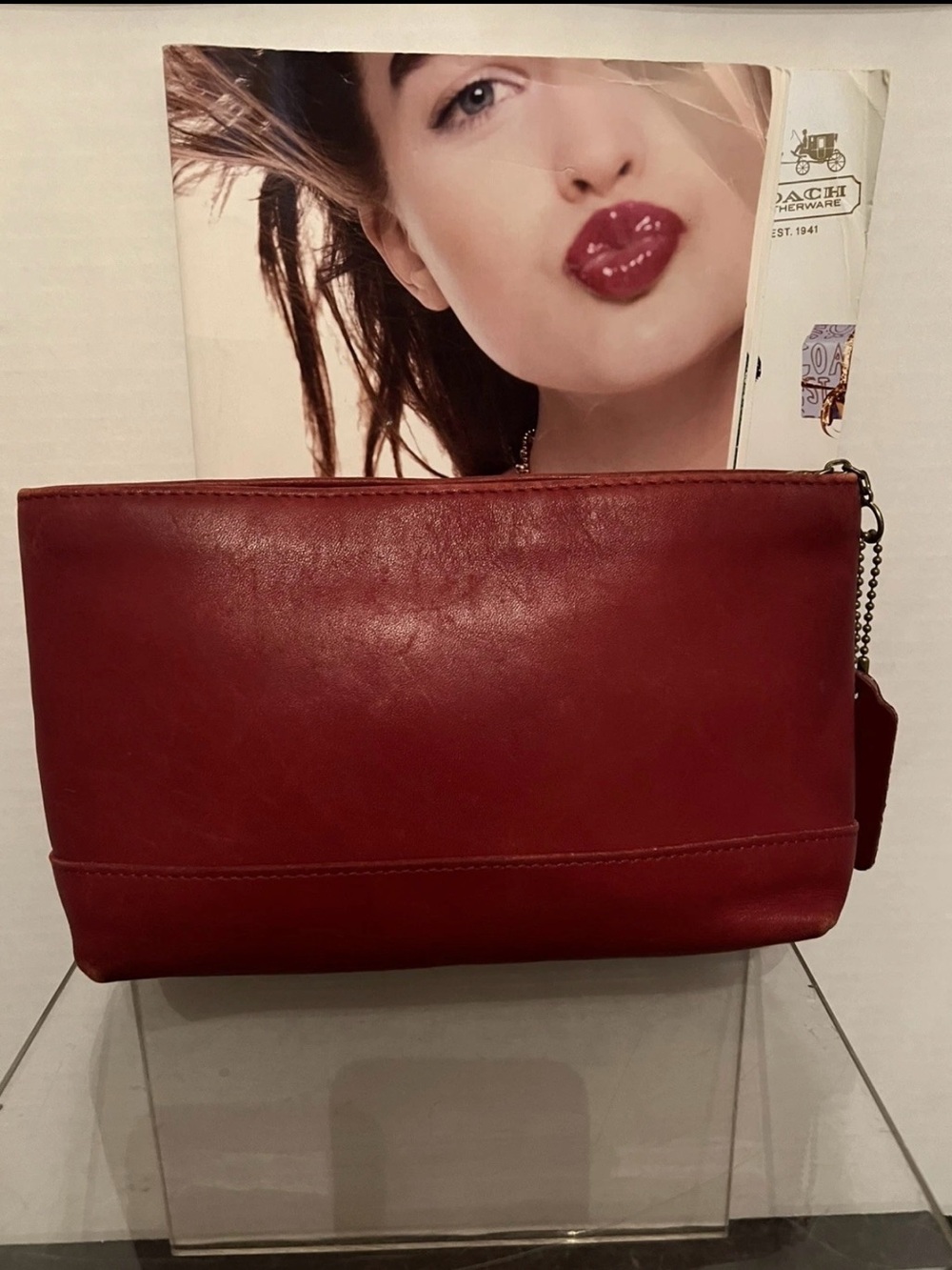 Vintage Coach Cosmetic Case Red Leather Pouch Bag Purse Hangtag